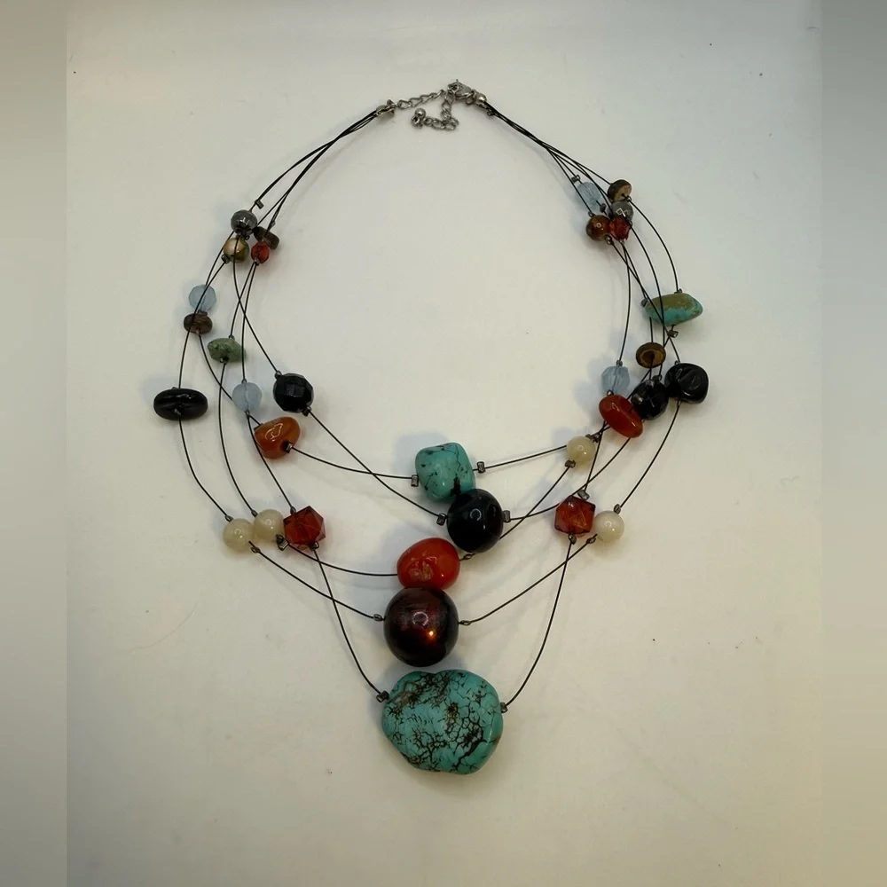 Multistrand Statement Necklace Turquoise Red Black Mixed Beads 16” + Extender